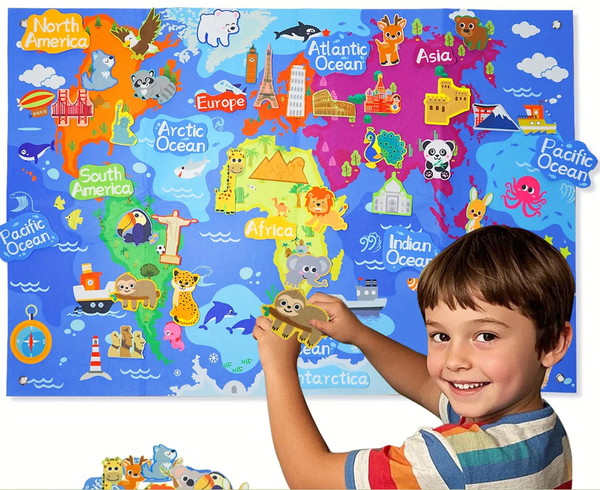 Juego de Geografía para Niños – Mapa del Mundo en Fieltro 45 Piezas Educativas