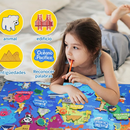 Juego de Geografía para Niños – Mapa del Mundo en Fieltro 45 Piezas Educativas